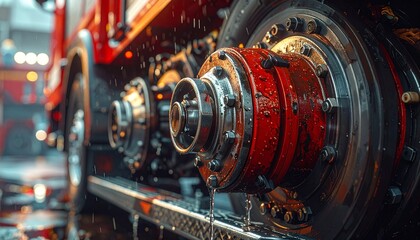 Rolling Power: A captivating low-angle view highlights the rugged, powerful wheels of a fire truck. The details of the machine are enhanced by wet surfaces.