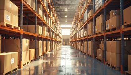 Fototapeta premium Warehouse Rows of Goods: Expansive view of a modern warehouse filled with rows of neatly stacked cardboard boxes, reflecting concepts of commerce and logistical efficiency.
