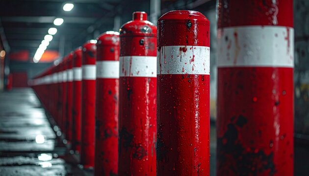 Red Bollards: A row of vibrant red and white bollards stands as a powerful visual element in an industrial setting, adding a striking touch of urban architecture.