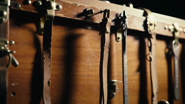 Detailed shot of an old wooden trunk with leather straps and brass clasps, antique vintage box with vintage travel theme
