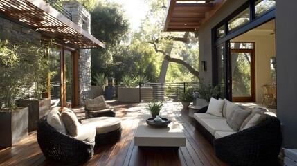 Fototapeta premium contemporary outdoor space with neutral furniture and empty deck