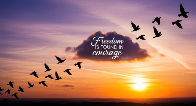 A flock of birds flies in perfect formation across a vivid sunset sky with the inspirational quote “Freedom is found in courage.” 