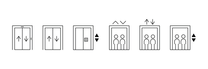 Lift service icon set elevator up down passenger transport vector line interface collection modern building system floor button movement door. © Prosenjit