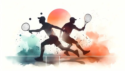 Two tennis players in action with watercolor background and bright sunset glow