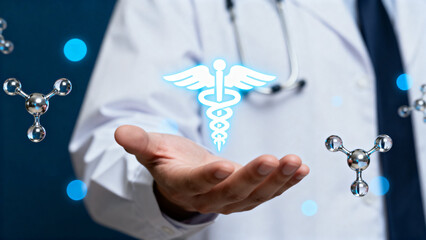 Medical professional holding a glowing caduceus symbol with molecular structures floating nearby