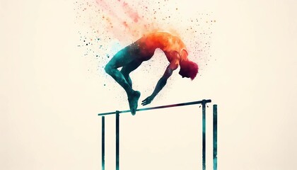 Watercolor illustration of a gymnast on parallel bars performing a flip move