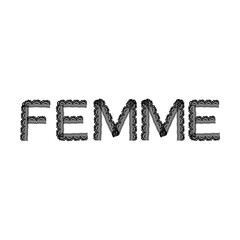 Elegant lace-style typography featuring the word FEMME in black decorative letters. Perfect for fashion, feminine branding, apparel prints, and stylish graphic design projects. © gorgang