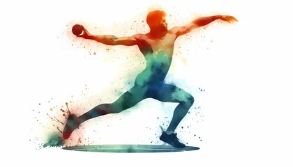 Watercolor illustration of a male shot putter in mid throw on white background
