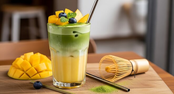 A refreshing layered matcha drink topped with mango slices, blueberries, and mint, presented on a wooden surface.