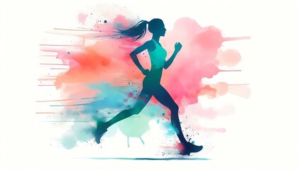 Silhouette of a woman running with colorful watercolor paint background art