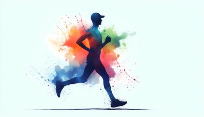 Silhouette of a runner with colorful watercolor splash behind on white background