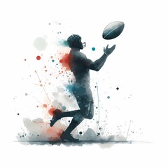 Watercolor illustration of football player catching ball with colorful splashes