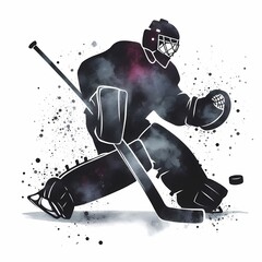 A stylized hockey goalie in black silhouette with a stick and a hockey puck near