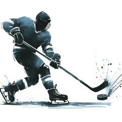A stylized illustration of a hockey player hitting a puck with their stick