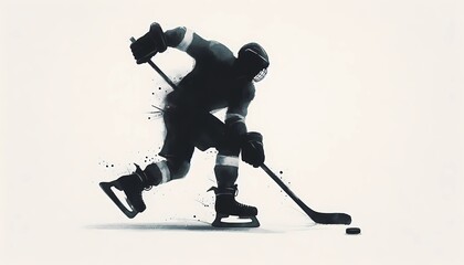 Silhouette of a hockey player in action with a stick and a puck on ice rink