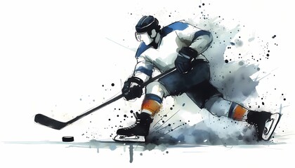 A watercolor illustration of a hockey player skating with a stick and puck