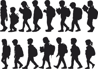 Children walking silhouette vector, school kids with backpacks, educational concept, student group illustration, childhood routine, learning journey, academic lifestyle artwork
