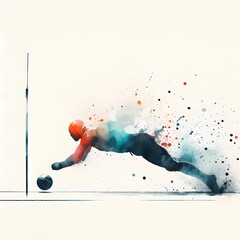 Watercolor painting of a volleyball player diving for the ball near the net