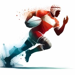 A rugby player running with the ball in a stylized watercolor illustration