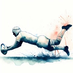 Watercolor illustration of a rugby player diving with the ball in his hands forward