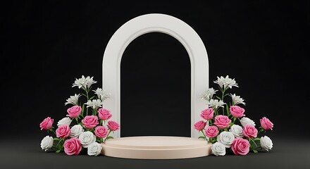 Elegant stage for product display with floral arrangements and archway, A sophisticated product presentation scene featuring an arch, platform, and a beautiful display of roses and lilies