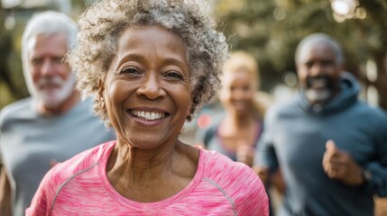Fototapeta premium fit senior people running at city park group of elderly friends doing sport workout together outdoor main focus on african woman face no logos no brands ar 169