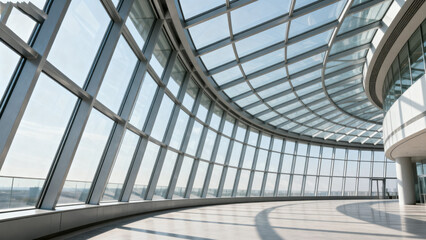 Fototapeta premium Modern curved glass atrium with expansive windows and natural light