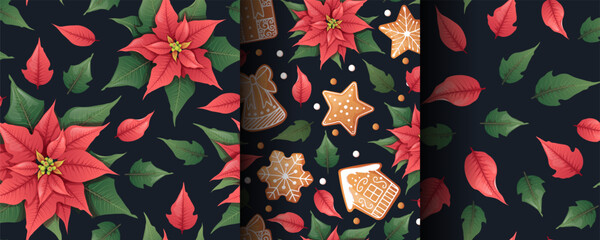 Festive Christmas Seamless Pattern with Red Poinsettia and Iced Gingerbread Cookies. Holiday Background for Gift Packaging, Textile Design, Wallpaper and Seasonal Decor.