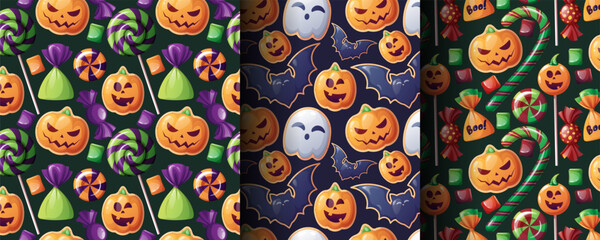 Spooky Halloween Sweets Seamless Pattern Set with Pumpkin Candy, Ghost Treats and Lollipops. Festive Background for Holiday Packaging, Cards, Wallpaper, Textile Design and Party Decor