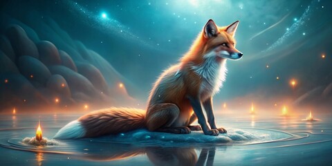A Solitary Fox Contemplates a Mystical Nightscape of Glowing Lights and Serene Waters