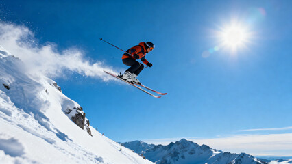 Skier performing a jump on a snowy mountain slope under bright sunlight