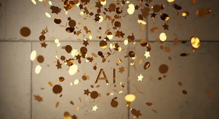 Fototapeta premium Golden Confetti Falling on Light Beige Wall.