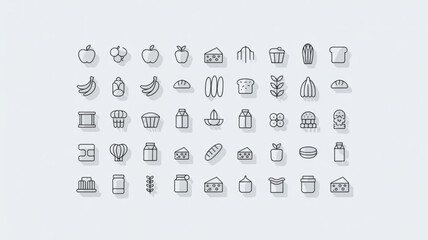 Collection of food icons, a diverse set of symbols representing various edible items, perfect for culinary and nutritionrelated designs
