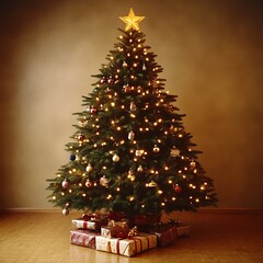 Christmas tree with gifts.  Ornate Christmas tree, adorned with lights and ornaments, sits on a wooden floor with wrapped gifts.  Warm lighting, festive atmosphere