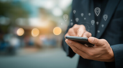 Person using smartphone in a public space with multiple location markers displayed on the screen