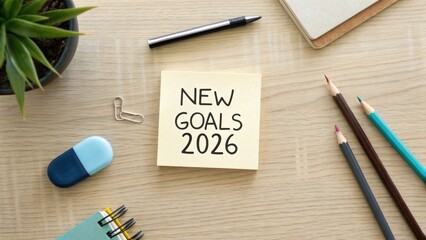 Fresh Goals and Aspirations for the Year 2026 on a Sticky Note Surrounded by Colorful Stationery and a Green Plant
