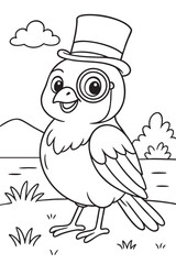 Tit Bird with Monocle and Hat Coloring Page for Kids