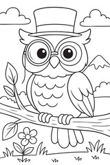 Owl with Monocle and Hat Coloring Page for Kids