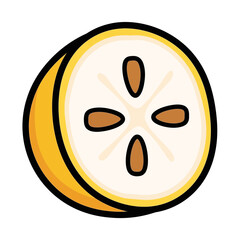 Cartoon style sliced fruit with seeds and yellow rind on white.