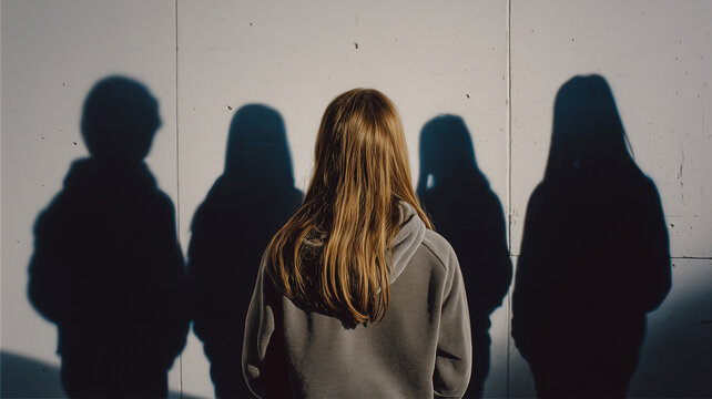 Rear view of young Caucasian girl standing alone facing a wall with shadowy figures, concept for bullying and isolation