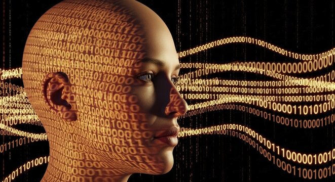 Close-up of a digital human head, covered in binary code, with abstract binary code patterns in the background.