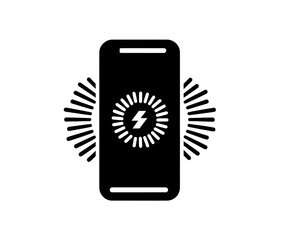 Black icon of a smartphone with a wireless charging symbol in the center, indicating power transfer and energy, isolated on transparent background