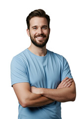 Fototapeta premium A confident young adult caucasian man in a light blue t-shirt with short dark hair and a beard, standing arms crossed against a transparent background, looking at camera with a warm smile, concept for