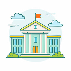 Flat design vector illustration of a classical building. Columns and a flag represent education, government, or justice in a clean, inviting, modern style
