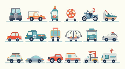 Collection of Colorful Vehicles Including Cars Trucks Boats and Bicycles in Flat Style