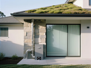 Modern home with a green living roof and a radon gas mitigation system.