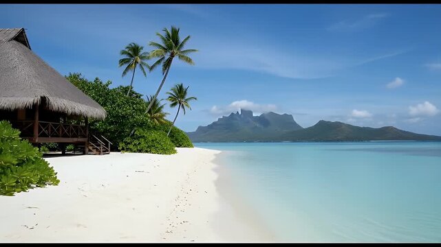 A serene tropical beach with a thatched-roof hut and palm trees under a clear sky in Bora Bora