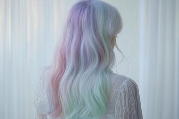 Naklejka premium A woman's back with long, wavy hair showcasing pastel shades of pink, purple, and mint green.