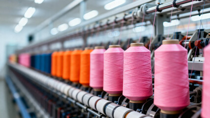 Colorful spools of thread on industrial knitting machines in a textile factory