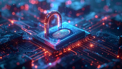 Futuristic cybersecurity concept showing a glowing digital padlock with an integrated fingerprint scanner on a CPU microchip